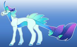 Size: 2178x1333 | Tagged: safe, artist:turnipberry, imported from derpibooru, oc, oc only, oc:glimmer, hybrid, blue background, colored horn, ethereal mane, gradient background, horn, interspecies offspring, offspring, parent:rarity, parents:canon x oc, serrated horn, simple background, solo, starry mane