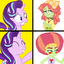 Size: 1300x1300 | Tagged: safe, imported from derpibooru, starlight glimmer, tree hugger, pony, equestria girls, afro, blushing, equestria girls-ified, implied lesbian, implied starhugger, meme, simple background, template, transparent background