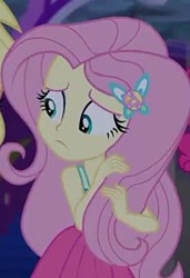 Size: 275x403 | Tagged: safe, imported from derpibooru, screencap, fluttershy, equestria girls, equestria girls series, spring breakdown, spoiler:eqg series (season 2), cropped, cute, female, geode of fauna, magical geodes, nervous, playing with hair, shyabetes, sleeveless