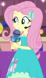 Size: 349x595 | Tagged: safe, imported from derpibooru, screencap, fluttershy, best in show: the victory lap, equestria girls, equestria girls series, spoiler:eqg series (season 2), clothes, cropped, cute, dress, female, geode of fauna, headworn microphone, lidded eyes, magical geodes, microphone, shyabetes