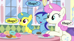 Size: 1280x720 | Tagged: safe, edit, edited screencap, imported from derpibooru, screencap, lemon hearts, minuette, twinkleshine, pony, amending fences, adorableshine, bronybait, cute, donut, donut shop, food, hug request, lemonbetes, minubetes, speech bubble