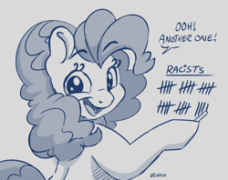 Size: 3088x2440 | Tagged: safe, artist:dilarus, deleted from derpibooru, imported from derpibooru, pinkie pie, earth pony, pony, black lives matter, dialogue, digital art, female, gray background, grayscale, hoof hold, looking at you, looking back, looking back at you, mare, monochrome, mouthpiece, politics, shading, signature, simple background, smiling, solo