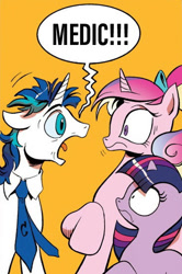 Size: 365x549 | Tagged: safe, artist:andypriceart, edit, idw, imported from derpibooru, princess cadance, shining armor, twilight sparkle, alicorn, pony, unicorn, neigh anything, spoiler:comic, spoiler:comic11, dishevelled, exploitable meme, female, filly, filly twilight sparkle, foal, male, mare, medic, meme, necktie, obligatory pony, screaming armor, speech bubble, stallion, teen princess cadance, teenager, unicorn twilight, younger