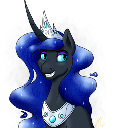 Size: 1080x1172 | Tagged: safe, artist:marsh-mal-oh, imported from derpibooru, nightmare moon, alicorn, pony, bust, crown, cute, ethereal mane, female, grin, jewelry, mare, peytral, portrait, queen, regalia, signature, simple background, smiling, solo, transparent background