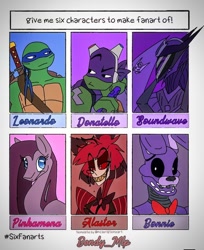 Size: 720x882 | Tagged: dead source, safe, imported from derpibooru, pinkie pie, anthro, deer, demon, earth pony, pony, rabbit, robot, turtle, wendigo, six fanarts, alastor, animal, animatronic, anthro with ponies, bonnie, bonnie (fnaf), bowtie, bust, crossover, deer demon, donatello, female, five nights at freddy's, hazbin hotel, katana, leonardo, mare, mask, pinkamena diane pie, radio demon, rise of the teenage mutant ninja turtles, smiling, soundwave, sword, teenage mutant ninja turtles, transformers, weapon