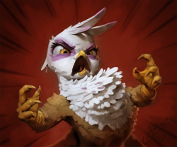 Size: 1080x900 | Tagged: safe, artist:assasinmonkey, imported from derpibooru, gilda, griffon, griffon the brush off, angry, chest fluff, digital painting, female, open mouth, puffed chest, red background, scene interpretation, simple background, solo