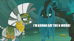 Size: 1280x720 | Tagged: safe, edit, edited screencap, imported from derpibooru, screencap, queen chrysalis, zecora, changeling, changeling queen, zebra, the cutie re-mark, alternate timeline, angry, caption, chrysalis resistance timeline, discovery family logo, everfree forest, exploitable meme, female, forest, i'm going to say the n word, i'm gonna say the n-word, image macro, meme, n word, resistance leader zecora, text