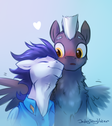 Size: 1779x2000 | Tagged: safe, artist:jedayskayvoker, imported from derpibooru, soarin', thunderlane, pegasus, pony, blue background, blushing, chest fluff, clothes, colored, colored sketch, cute, eyes closed, featured image, floppy ears, folded wings, full color, gay, happy, heart, male, neck fluff, nuzzling, open mouth, shipping, shirt, signature, simple background, sketch, smiling, soarilane, soarinbetes, spread wings, stallion, sweet dreams fuel, thunderbetes, uniform, wings, wonderbolts, wonderbolts dress uniform