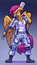 Size: 1189x2101 | Tagged: safe, artist:hc0, imported from derpibooru, scootaloo, anthro, baseball bat, boots, clothes, dog tags, ear piercing, earring, eyebrow piercing, female, floppy ears, injection, jacket, jewelry, older, pants, piercing, shirt, shoes, solo