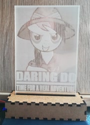 Size: 1024x1412 | Tagged: safe, artist:themisto97, imported from derpibooru, daring do, pegasus, pony, acrylic plastic, acrylight, craft, engraving, female, grin, hat, hope poster, lasercut, led, mare, nightlight, photo, smiling, solo, text