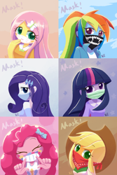 Size: 1000x1500 | Tagged: safe, artist:howxu, imported from derpibooru, applejack, fluttershy, pinkie pie, rainbow dash, rarity, twilight sparkle, equestria girls, bandana, coronavirus, covid-19, eyes closed, face mask, female, humane five, humane six, looking at you, mask, surgical mask