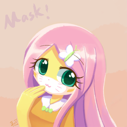 Size: 800x800 | Tagged: safe, artist:howxu, imported from derpibooru, fluttershy, equestria girls, :3, coronavirus, covid-19, cute, face mask, female, hand on mouth, looking at you, mask, shyabetes, solo, whiskers