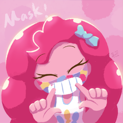 Size: 800x800 | Tagged: safe, artist:howxu, imported from derpibooru, pinkie pie, equestria girls, coronavirus, covid-19, eyes closed, face mask, female, mask, smiling, solo