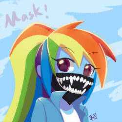 Size: 800x800 | Tagged: safe, artist:howxu, imported from derpibooru, rainbow dash, equestria girls, coronavirus, covid-19, face mask, female, looking at you, mask, solo