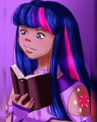 Size: 1080x1350 | Tagged: safe, alternate version, artist:serychanxx, imported from derpibooru, twilight sparkle, human, alternative cutie mark placement, book, bust, clothes, dark skin, female, humanized