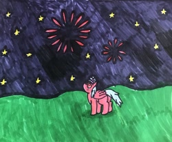 Size: 1280x1056 | Tagged: safe, artist:whistle blossom, imported from derpibooru, cozy glow, alicorn, pony, a better ending for cozy, alicornified, alternate universe, butt, cozy glutes, cozybetes, cozycorn, cute, female, filly, fireworks, foal, marker drawing, night, night sky, plot, race swap, sky, solo, stars, traditional art, whistleverse