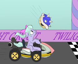 Size: 1650x1350 | Tagged: safe, artist:nitei, imported from derpibooru, flitter, pegasus, pony, atg 2020, blue shell, bowser, female, finish line, kart, looking up, mare, mario kart, newbie artist training grounds, solo