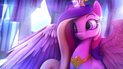 Size: 3840x2160 | Tagged: safe, artist:lunar57, imported from derpibooru, princess cadance, alicorn, pony, 3d, beautiful, bust, crystal, crystal empire, cute, cutedance, female, head tilt, horn, looking at something, mare, portrait, pretty, raised hoof, smiling, solo, source filmmaker, spread wings, wallpaper, wings