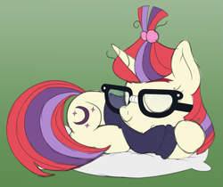 Size: 1725x1450 | Tagged: safe, artist:nitei, imported from derpibooru, moondancer, pony, unicorn, atg 2020, clothes, eyes closed, female, glasses, gradient background, hairband, mare, newbie artist training grounds, pillow, prone, sleeping, solo