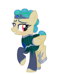 Size: 1788x2318 | Tagged: safe, artist:aurorakaufmann, imported from derpibooru, oc, oc only, oc:striking sapphire, pegasus, pony, bedroom eyes, clothes, crown, female, gem, grin, hoof shoes, jewelry, mare, raised hoof, raised leg, regalia, sapphire, shirt, simple background, smiling, solo, transparent background