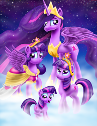 Size: 2550x3300 | Tagged: safe, artist:jac59col, imported from derpibooru, twilight sparkle, alicorn, pony, unicorn, the last problem, age progression, big crown thingy, big crown thingy 2.0, big crown thingy 3.0, clothes, concave belly, coronation dress, crown, dress, element of magic, female, filly, filly twilight sparkle, height difference, high res, hoof shoes, jewelry, mare, mist, multeity, peytral, physique difference, princess twilight 2.0, regalia, self ponidox, sky, slim, smiling, sparkle sparkle sparkle, spread wings, stars, thin, time paradox, twilight sparkle (alicorn), unicorn twilight, wings, younger