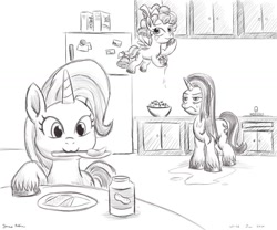 Size: 1024x854 | Tagged: safe, artist:rockhoppr3, imported from derpibooru, cozy glow, starlight glimmer, trixie, pegasus, pony, unicorn, alternate universe, cabinet, cereal box, crackers, food, fruit bowl, hoof hold, kitchen, kitchen sink, monochrome, mouth hold, peanut butter, refrigerator, soda, unshorn fetlocks, wet mane