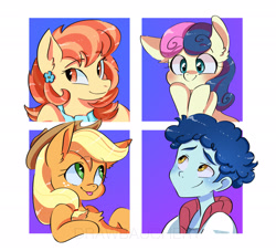 Size: 2048x1858 | Tagged: safe, artist:drawbauchery, imported from derpibooru, applejack, aunt holiday, bon bon, curly winds, some blue guy, sweetie drops, earth pony, pony, equestria girls, adorabon, cowboy hat, cute, ear piercing, earring, female, hat, jewelry, male, mare, one of these things is not like the others, piercing