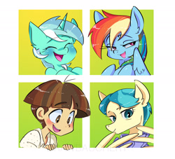 Size: 2048x1858 | Tagged: safe, artist:drawbauchery, imported from derpibooru, auntie lofty, lyra heartstrings, rainbow dash, wiz kid, pegasus, pony, unicorn, equestria girls, blushing, one of these things is not like the others, open mouth