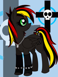 Size: 1792x2344 | Tagged: safe, artist:rikastormfeldthefox, imported from derpibooru, oc, oc only, oc:marker cross, pegasus, pony, cross, eyelashes, female, jewelry, mare, necklace, pegasus oc, skull, smiling, solo, spiked wristband, tail wrap, wings, wristband