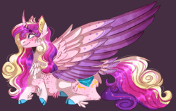 Size: 1214x768 | Tagged: safe, artist:wanderingpegasus, imported from derpibooru, princess cadance, alicorn, pony, cheek fluff, chest fluff, cloven hooves, colored wings, curved horn, ear fluff, feathered fetlocks, female, horn, mare, multicolored wings, purple background, redesign, simple background, smiling, tail feathers, wings