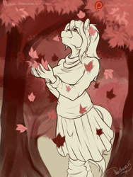 Size: 1500x2000 | Tagged: safe, artist:phathusa, imported from derpibooru, oc, oc only, oc:colette laitier, anthro, earth pony, autumn, beauty mark, breasts, clothes, eyebrows, eyelashes, falling leaves, female, fingers, leaves, outdoors, skirt, solo, sweater