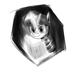 Size: 498x434 | Tagged: safe, artist:ce2438, imported from derpibooru, twilight sparkle, pony, unicorn, book, female, glowing horn, grayscale, horn, magic, mare, monochrome, solo, telekinesis, unicorn twilight