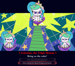 Size: 1216x1072 | Tagged: safe, edit, edited screencap, imported from derpibooru, screencap, princess celestia, alicorn, pony, my little pony: pony life, princess probz, spoiler:pony life s01e01, g4.5, helltaker, parody, text, this will end in death