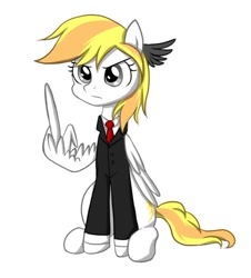 Size: 510x565 | Tagged: safe, artist:ce2438, imported from derpibooru, oc, oc only, oc:stormy squall, pegasus, pony, business suit, clothes, eyelashes, female, frown, mare, middle feather, middle finger, necktie, older, pegasus oc, simple background, sitting, solo, vulgar, white background, wing gesture, wing hands, wings