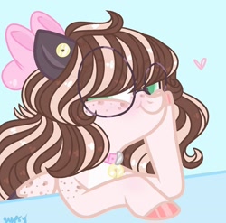 Size: 1080x1069 | Tagged: safe, artist:im_insanex, imported from derpibooru, oc, oc only, oc:star bunny, pegasus, pony, bow, cheek squish, collar, female, glasses, hair bow, heart, hoof polish, mare, pegasus oc, smiling, solo, squishy cheeks