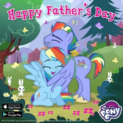 Size: 1080x1080 | Tagged: safe, imported from derpibooru, bow hothoof, rainbow dash, butterfly, pegasus, pony, rabbit, animal, backwards cutie mark, colored hooves, cute, dashabetes, eyes closed, father and child, father and daughter, father's day, female, gameloft, happy, hug, male, my little pony logo, official, unshorn fetlocks, winghug