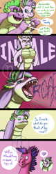 Size: 1300x4000 | Tagged: safe, artist:azurllinate, imported from derpibooru, spike, oc, oc:dazzle shield, oc:prince dazzle shield, oc:spiral twinkle, alicorn, dracony, dragon, half-dragon, hybrid, pony, alicorn oc, best dad ever, best friends, bipedal, blue eyes, blushing, comic strip, confident, eyes closed, female, futurehooves, gigachad spike, green eyes, half-unicorn, heart, horn, inhaling, interspecies offspring, intimidating, looking at each other, male, messy mane, multicolored mane, next gen:futurehooves, next generation, oc x oc, offspring, older, older spike, open mouth, parent:flash sentry, parent:rarity, parent:spike, parent:twilight sparkle, parents:flashlight, parents:sparity, puffed chest, purple eyes, roar, sharp teeth, shipping, shocked expression, speech, speech bubble, supportive parent, talking, teeth, text, wings, young