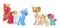 Size: 1280x606 | Tagged: safe, artist:echabi, artist:joburii, imported from derpibooru, big macintosh, trixie, oc, oc:autumn crisp, oc:cobbler sparks, oc:skipper pie, earth pony, pony, unicorn, baby, baby pony, base used, colt, ear piercing, earring, family, female, horn, horn ring, jewelry, male, mare, offspring, parent:big macintosh, parent:trixie, parents:trixmac, piercing, shipping, simple background, straight, transparent background, trixmac