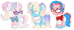 Size: 3200x1289 | Tagged: safe, artist:sugarsong14, imported from derpibooru, oc, oc only, oc:astral mythos, oc:auroral radiance, oc:cosmos solarflare, oc:glistening stars, oc:melody shinerise, breedables, children, female, filly, glasses, offspring, simple background, transparent background