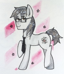 Size: 882x1024 | Tagged: safe, artist:rikani, imported from derpibooru, oc, oc only, oc:silver bristle, earth pony, pony, cutie mark, glasses, looking up, male, necktie, smiling, solo, stallion, traditional art