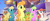 Size: 1920x808 | Tagged: safe, imported from derpibooru, screencap, blueberry fritter, cantaloupe (character), cantaloupe (g4), cornsilk, dawn sunrays, glitter glow, nougat praliné, earth pony, pony, unicorn, my little pony: the movie, background pony, balloon, bow, canterlot, clone, clones, confetti, female, friendship festival, group, hair bow, hairclip, mane bow, marching, mare, raised hoof, singing, unnamed character, unnamed pony, we got this together