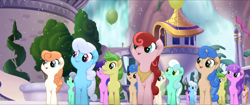 Size: 1920x808 | Tagged: safe, imported from derpibooru, screencap, linky, mellow dee, oasis waterfall, riverwalk, shoeshine, sweet strum, toadstool blossom, earth pony, pony, unicorn, my little pony: the movie, background pony, balloon, canterlot, clone, clones, confetti, female, friendship festival, group, male, marching, mare, neckerchief, not amethyst star, singing, stallion, unnamed character, unnamed pony, waterfall, we got this together