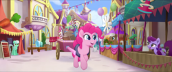 Size: 1920x808 | Tagged: safe, imported from derpibooru, screencap, concord grape, mochaccino, pinkie pie, rare find, sweet strum, earth pony, pony, my little pony: the movie, background pony, balloon, bow, canterlot, canterlot shopkeep, cart, female, friendship festival, hair bow, male, mane bow, mare, market, potted plant, stallion, unnamed character, unnamed pony, we got this together, widescreen