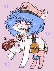 Size: 1186x1552 | Tagged: safe, artist:im_insanex, imported from derpibooru, oc, oc only, oc:princess, earth pony, pony, bag, bouquet, bow, bowtie, chest fluff, clothes, earth pony oc, eye clipping through hair, female, flower, flower in mouth, hair bow, hat, heart, hoof hold, hoof polish, leonine tail, mare, mouth hold, open mouth, pink background, raised hoof, saddle bag, simple background, smiling, socks, solo, striped socks, tail bow