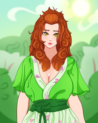 Size: 1055x1335 | Tagged: safe, artist:nathayro37, artist:ravenirik, imported from derpibooru, autumn blaze, human, breasts, busty autumn blaze, cleavage, eye clipping through hair, female, head tilt, humanized, lipstick, looking at you, smiling, solo, sun, vaguely asian robe