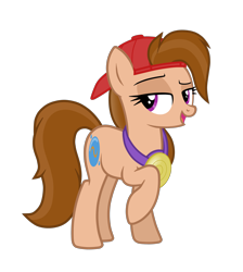 Size: 2652x2962 | Tagged: safe, artist:chomakony, imported from derpibooru, oc, oc only, oc:kiranne spell, earth pony, pony, bedroom eyes, cap, earth pony oc, female, gold, hat, jewelry, lidded eyes, mare, necklace, raised hoof, show accurate, simple background, smiling, solo, transparent background