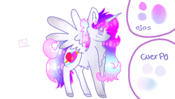 Size: 2560x1440 | Tagged: safe, artist:shinningblossom12, imported from derpibooru, oc, oc only, oc:anasflow maggy, oc:shining blossom, oc:shinning blossom, alicorn, pony, alicorn oc, chest fluff, colored hooves, female, fusion, grin, horn, mare, multicolored hair, rainbow hair, reference sheet, simple background, smiling, spanish, white background, wings