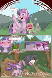 Size: 960x1440 | Tagged: safe, alternate version, artist:cold-blooded-twilight, imported from derpibooru, spike, twilight sparkle, unicorn, cold blooded twilight, comic:cold storm, barn, blushing, blushing profusely, bush, cape, chubby, chubby twilight, clothes, comic, dialogue, dizzy eyes, drool, dust, eyes closed, flower, force field, frog (hoof), hill, implied gay, kiss mark, licking, licking lips, lipstick, open mouth, sparkles, speech bubble, stare, sweet apple acres, tongue out, tree, underhoof, unicorn twilight, waving, wind, windswept mane