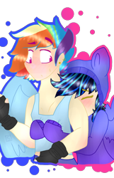 Size: 1440x2230 | Tagged: safe, artist:shinningblossom12, imported from derpibooru, oc, oc only, oc:meadow waves, oc:rainbow ditz, human, blushing, clothes, fingerless gloves, gay, gloves, hoodie, hug, humanized, male, not rainbow dash, oc x oc, parent:rainbow dash, shipping, simple background, transparent background, winged humanization, wings