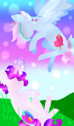 Size: 1260x2133 | Tagged: safe, artist:shinningblossom12, imported from derpibooru, oc, oc only, oc:anasflow maggy, oc:shining blossom, oc:shinning blossom, pegasus, pony, unicorn, duo, flying, glowing horn, grass, horn, multicolored hair, outdoors, pegasus oc, rainbow hair, sitting, unicorn oc, wings